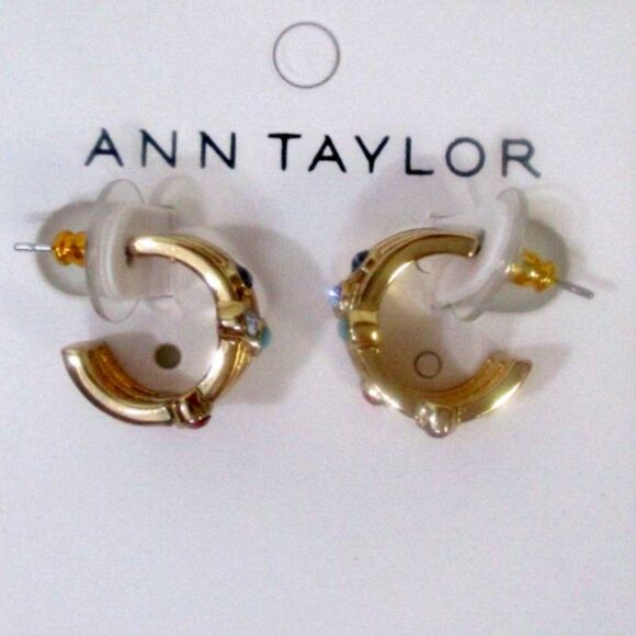 Ann Taylor Rainbow Crystal Hoop earrings Stackable Ring Set of 2 NWT 80 - Picture 2 of 3